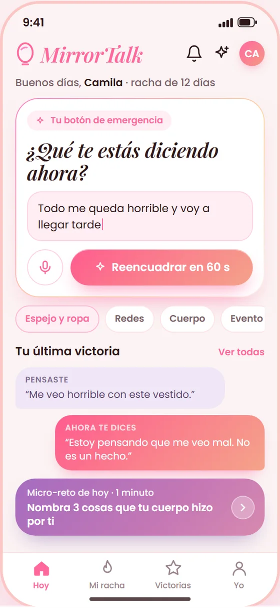 Pantalla Hoy: escribes lo que piensas y tocas Reencuadrar
