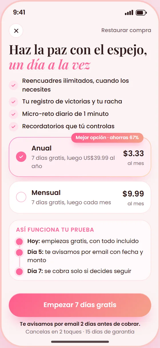 Pantalla de planes con la prueba gratis de 7 días